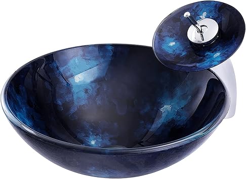 Bathroom Vessel Sink Vanity Tempered Glass Vessel Bowl Sink Round Navy Blue Countertop Sink Bowl Above Counter Sink Art Basin with Waterfall Faucet, Pop Up Drain