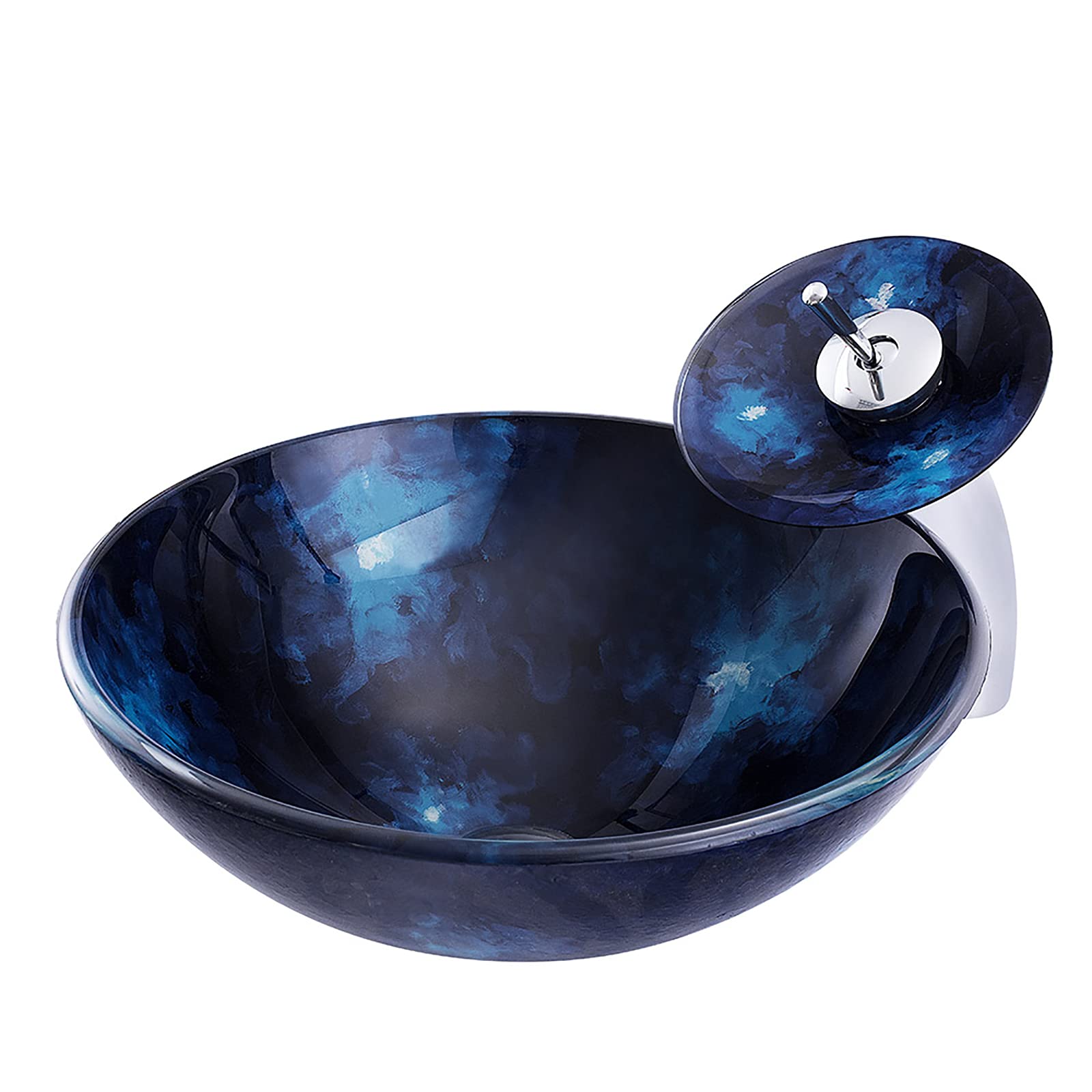 Lavabo de baño Lavabo de Recipiente de Vidrio Templado Lavabo Redondo Lavabo de encimera Lavabo de encimera Lavabo de Arte con Grifo de Cascada, desagüe emergente