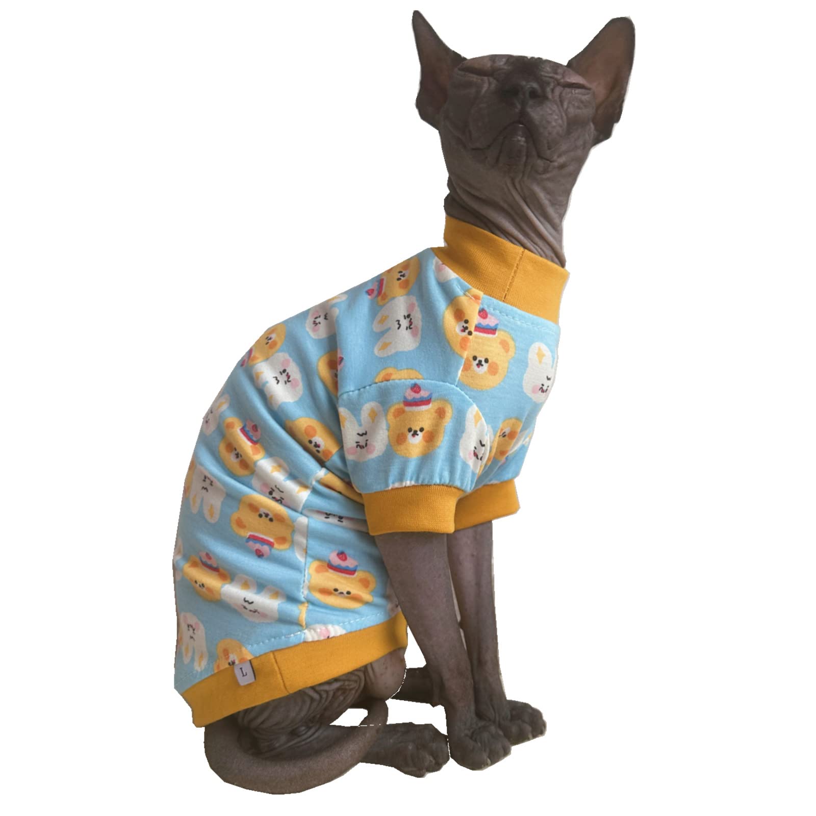 Sphynx Hairless Cat Cute Summer Cotton T-Shirts Pet Clothes,Round Collar Kitten Shirts Cats Apparel (Bear & Bunny, Small (Pack of 1))