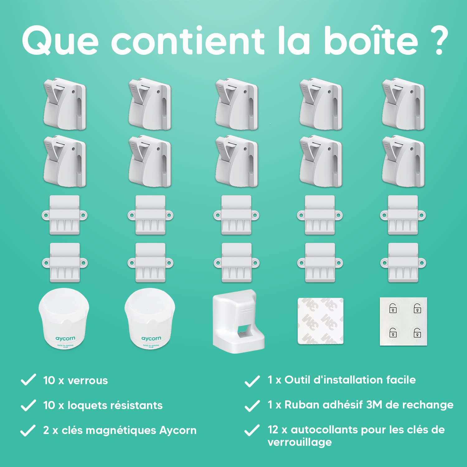 Aycorn Verrous Magnétiques de Sécurité pour Bébés et Enfants, 10 loquets aimantés et 2 clés, Bloque Porte Placard - Installation rapide et sans vis - Serrure invisible pour tiroirs, placards et portes