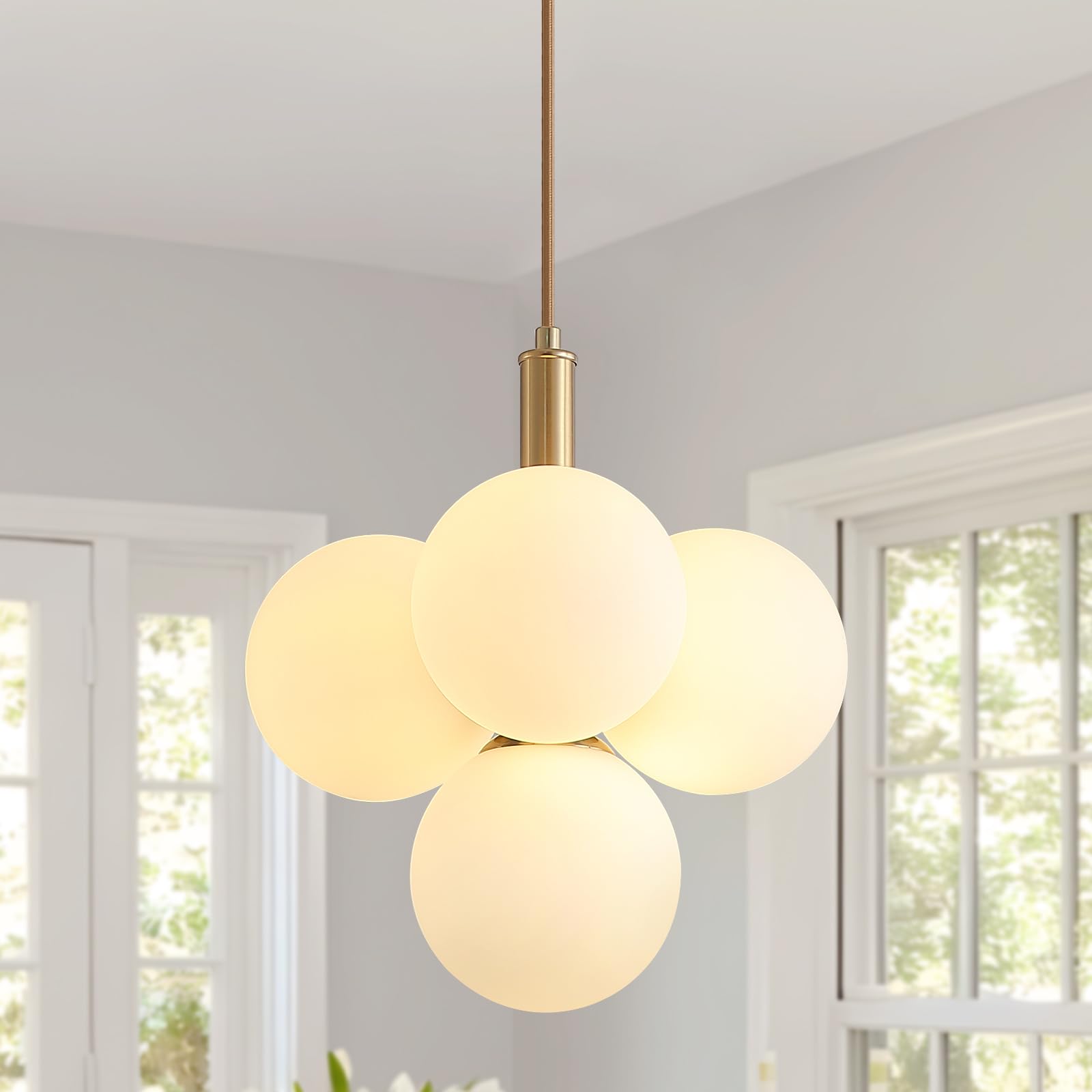 Photo 1 of Glass Globe Chandeliers, 4-Light Gold Dining Room Light Fixture, 11in Milk Glass Pendant Lights Kitchen Island Modern Chandeliers for Dining Room Kitchen Living Room Bedroom Hallway Entryway Foyer