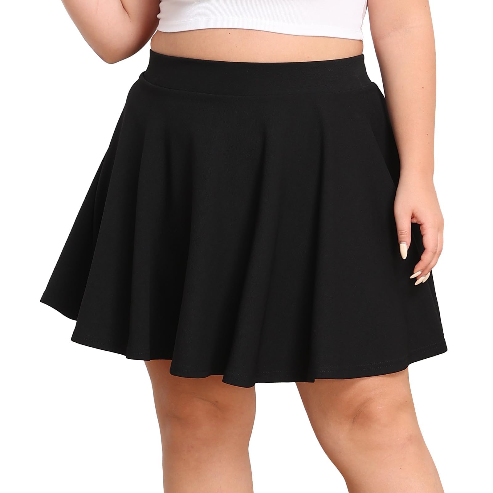 Minifalda de patinadora básica versátil para mujer, talla grande, elástica, acampanada, casual, con bolsillos