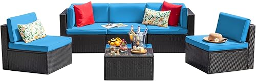 Miniatura 18 de Devoko Juego de 7 muebles seccionales para exteriores para sofá de patio, tejido manual, mimbre de mimbre, juegos de conversación para patio