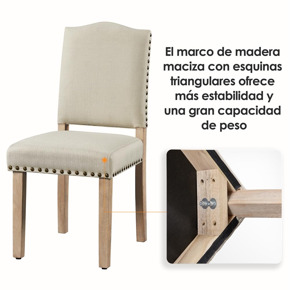 Yaheetech Juego de 2 Sillas de Cocina Tapizada de Tela Pata Madera Beige | Silla de Comedor Respaldo Alto, Silla de Cocina Tapizada de Tela, Diseño Clásico, Asiento Acolchado, para Salón y Cocina