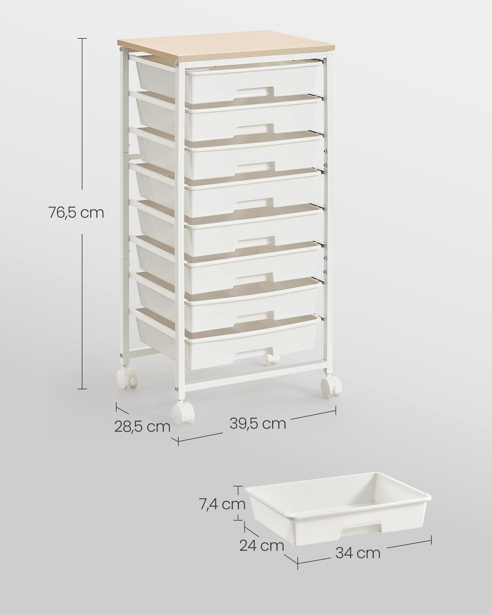 VASAGLE Carrito de Almacenamiento con 8 Cajones, Organizador con Ruedas, Carrito Auxiliar con Tablero de Madera, 39,5 x 28,5 x 76.5 cm, para Oficina, Salón, Blanco, Colección BENCO LRC006W101