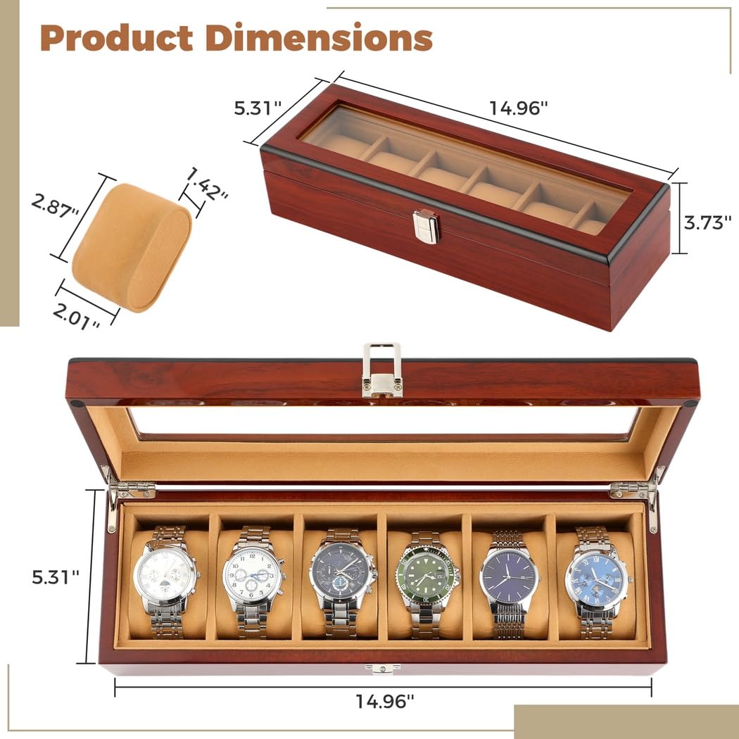 Caja de reloj de madera, organizador de relojes de 6 ranuras para hombre con parte superior de cristal, vitrina de madera lacada brillante, caja de regalo elegante para hombres, regalo del día
