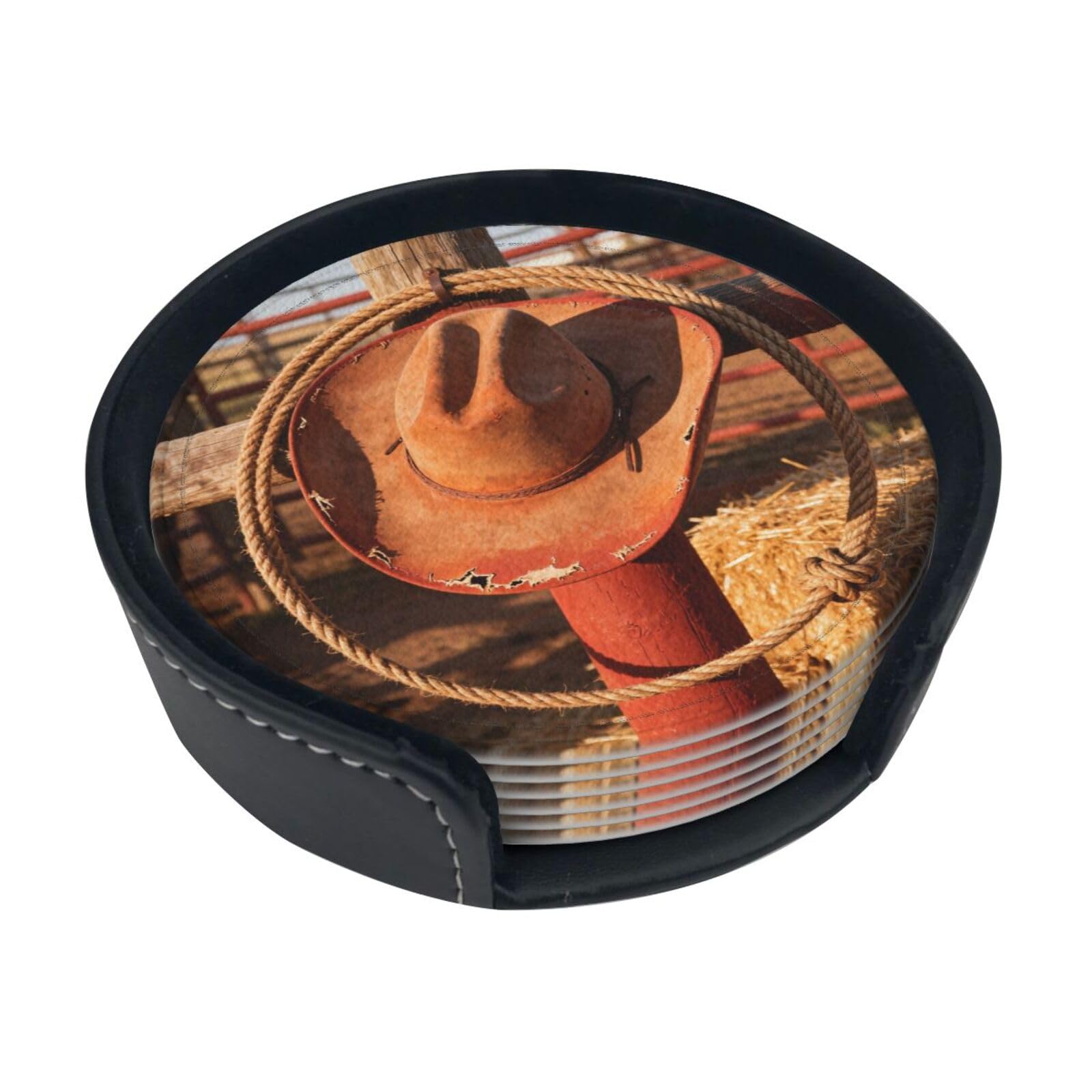 Cowboy Hat Lasso Leather Coasters-Set of 6 with Storage Holder