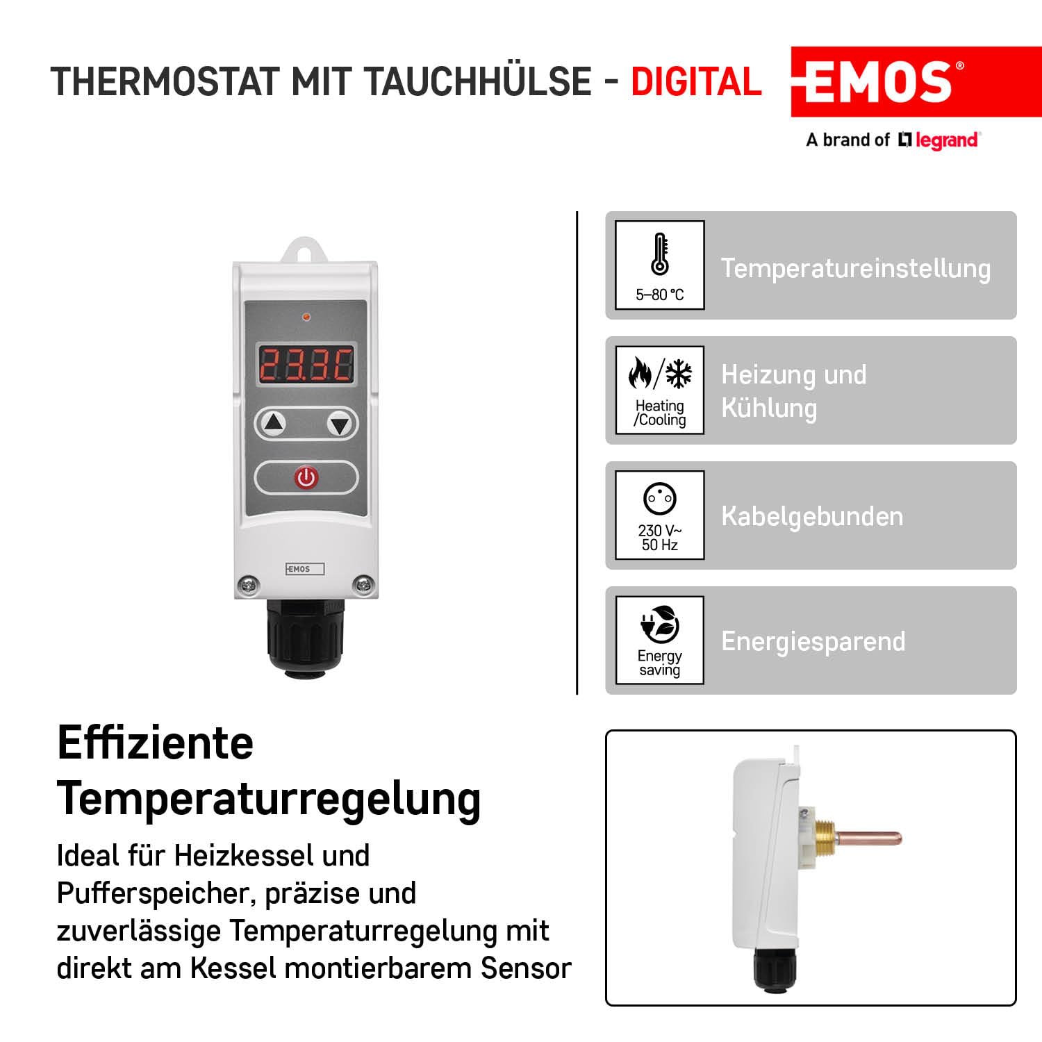 EMOS - thermostat numérique avec fourreau et fonction hystérésis - manuel, filaire - chauffage/climatisation - plage température 5-80 °C - mesure invasive - 230 V, 5 A/1,5 A - blanc