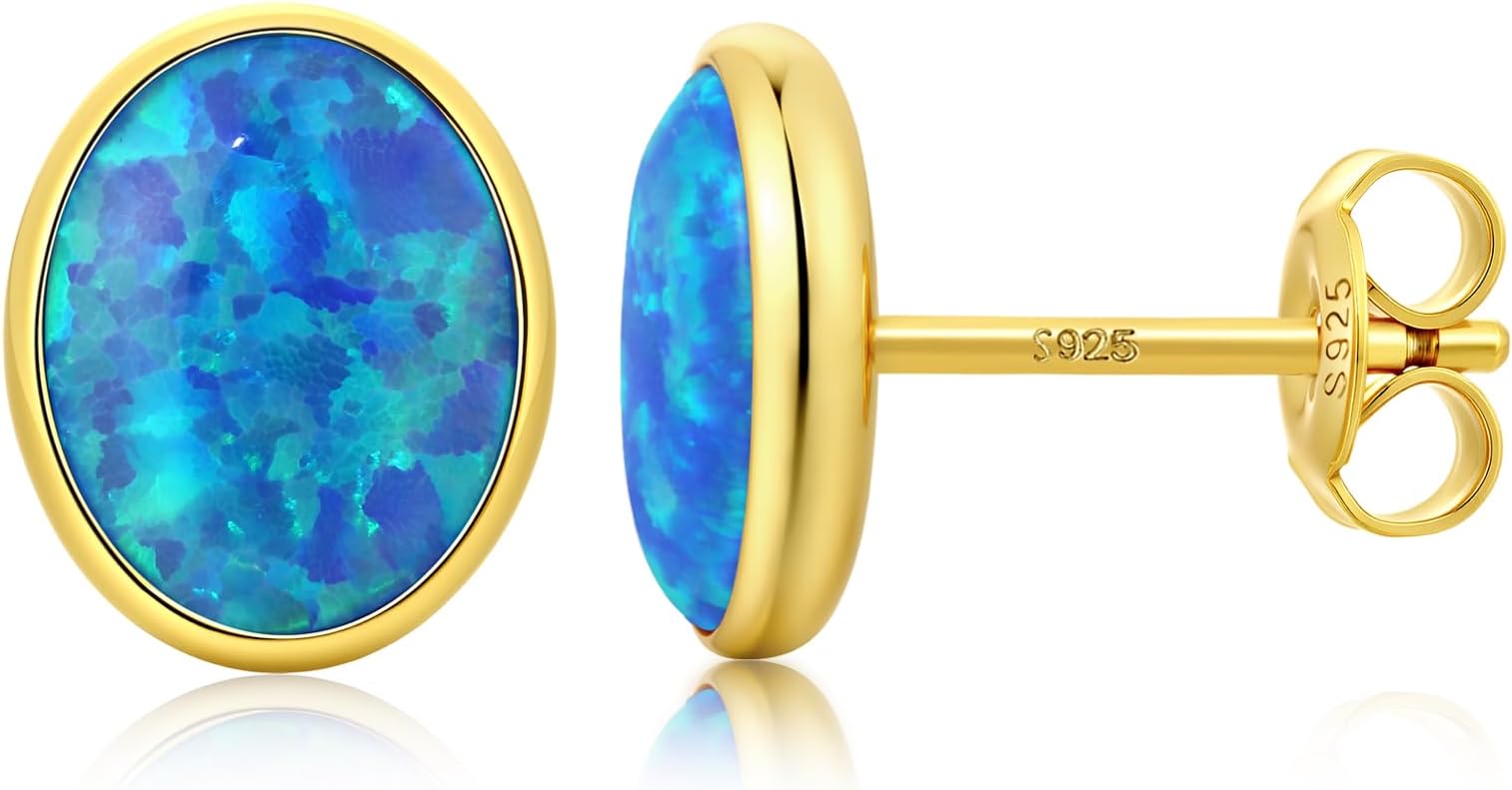 – 925 Sterling Silver Opal Stud Earrings Multi Colors Round Oval Opal Earrings for Women Hypoallergenic Ear Studs Jewellery 5/6/7/8 mm