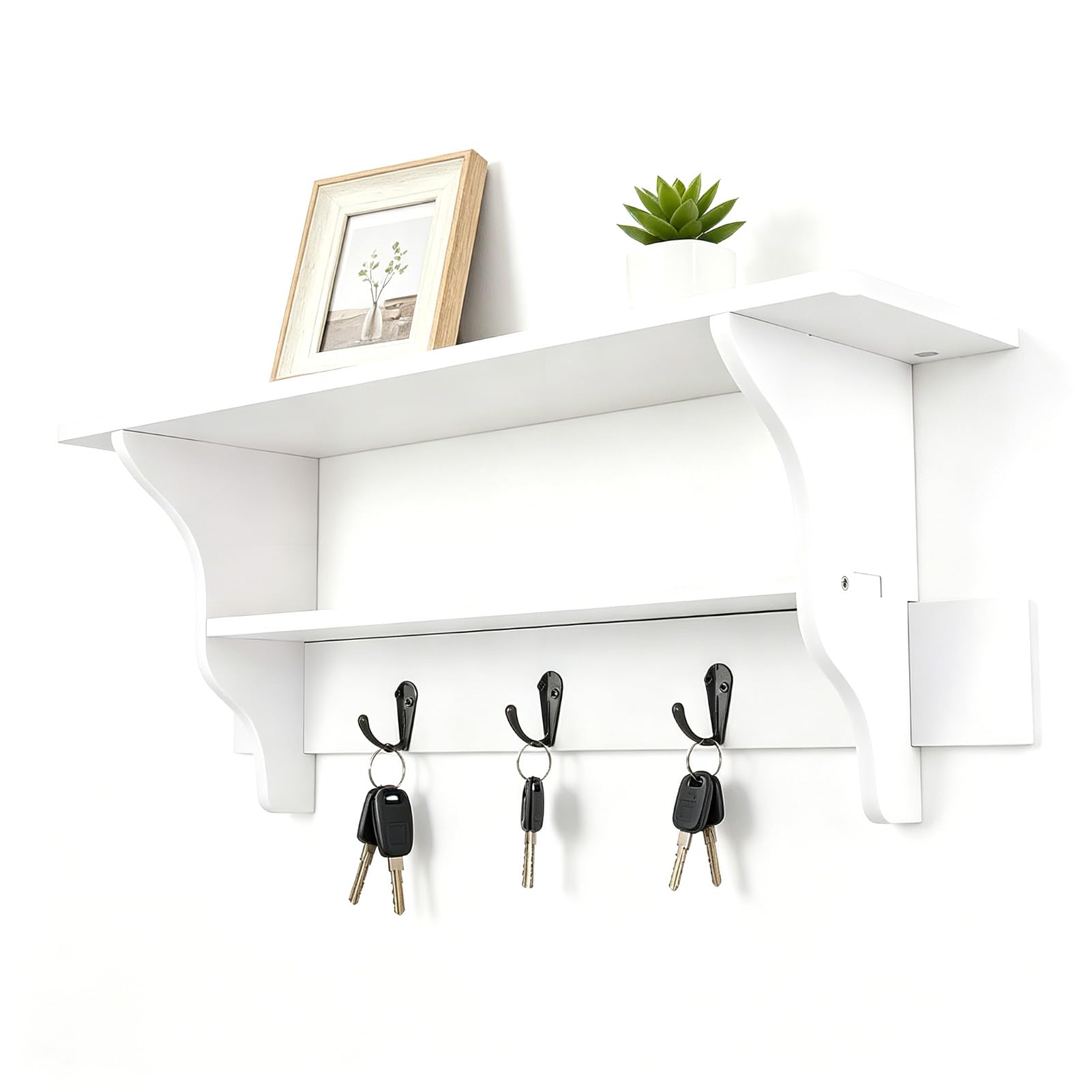 BREEZENEST Floating Shelves Wall Mounted Shelves with Hook Rack for Bedroom Living Room Kitchen Bathroom Wood Floating Shelf for Wall Storage Key Holder Bag Rack Organizer White