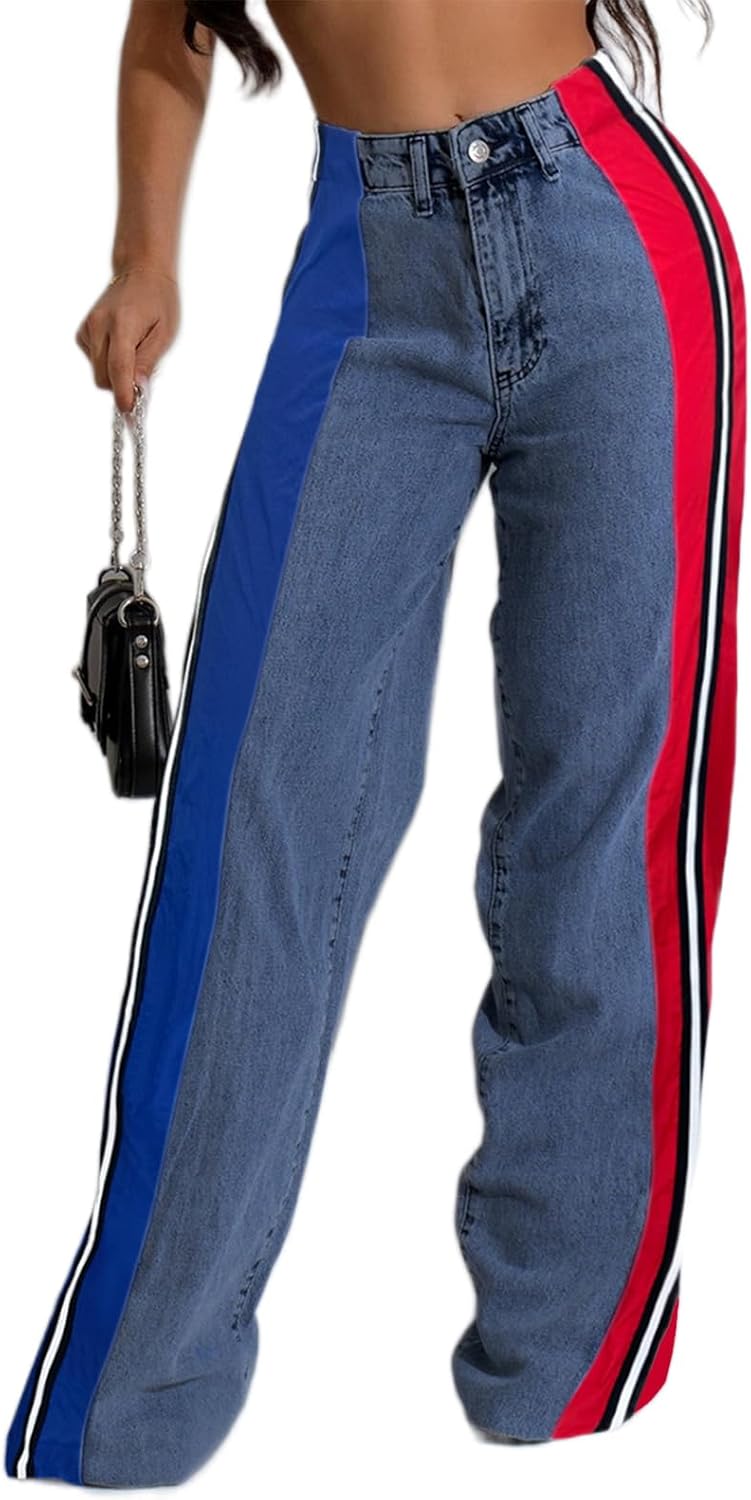 Angsuttc Jeans for Women Patchwork Stripes Trendy Jean High Elastic Waist Color Blocked Wide Leg Denim Pant Stretchy