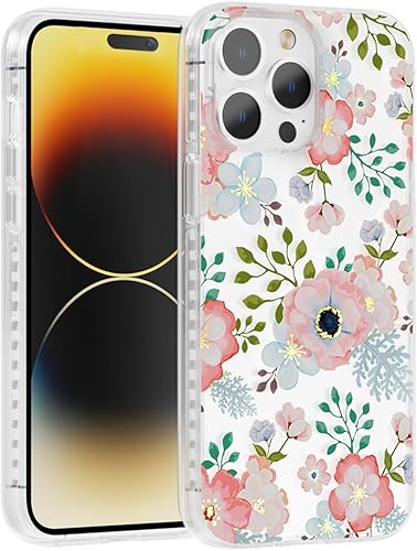 Scorpify Funda para iPhone 14 Pro con diseño floral rosa y blanco, bonita funda delgada de flores transparentes para mujeres y niñas, con pantalla