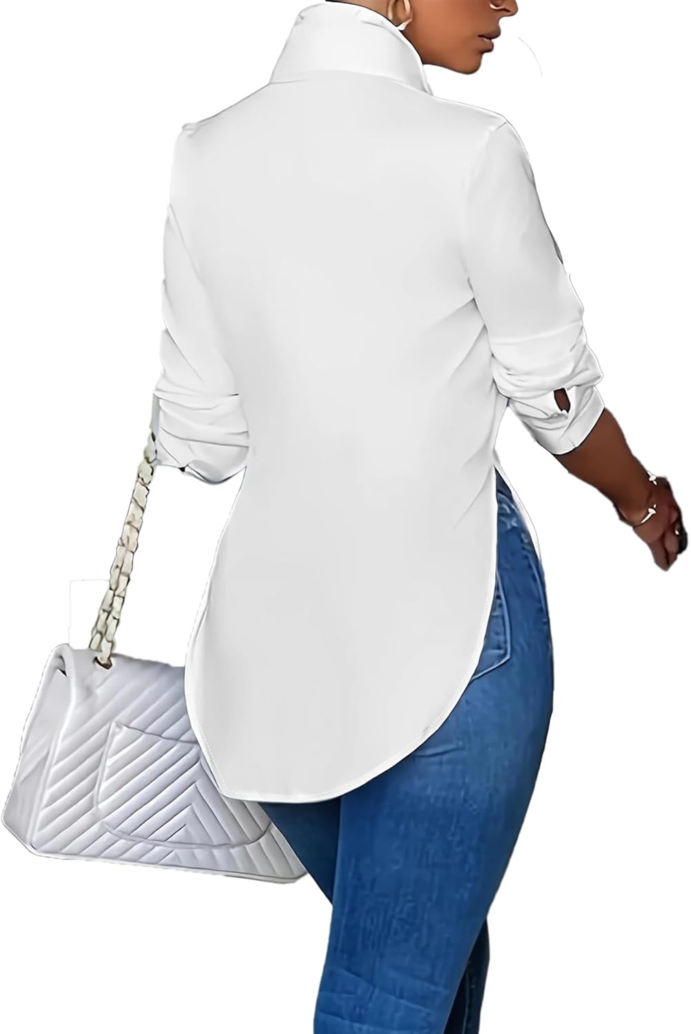 Women's Collar Neck Button Down Long Sleeve Slit Side Long Shirt Work Blouse Top - Image 2