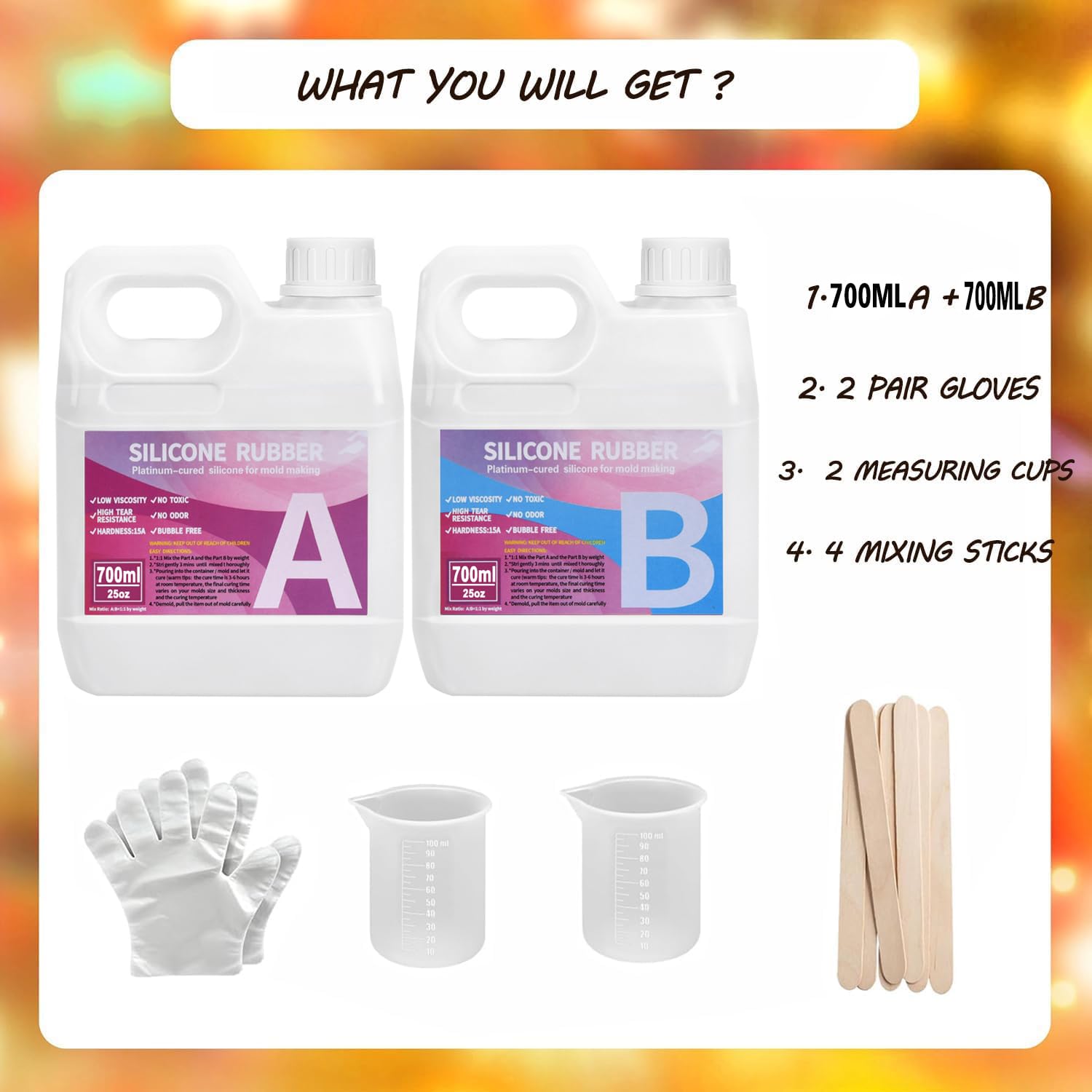 1400ml 15A Kit de Fabrication de moules en Silicone, Caoutchouc de Silicone Liquide pour Le Moulage, Non Toxique, Facile à Utiliser, Caoutchouc de Silicon de Moulage catalysé au Platine，1:1 par Poids