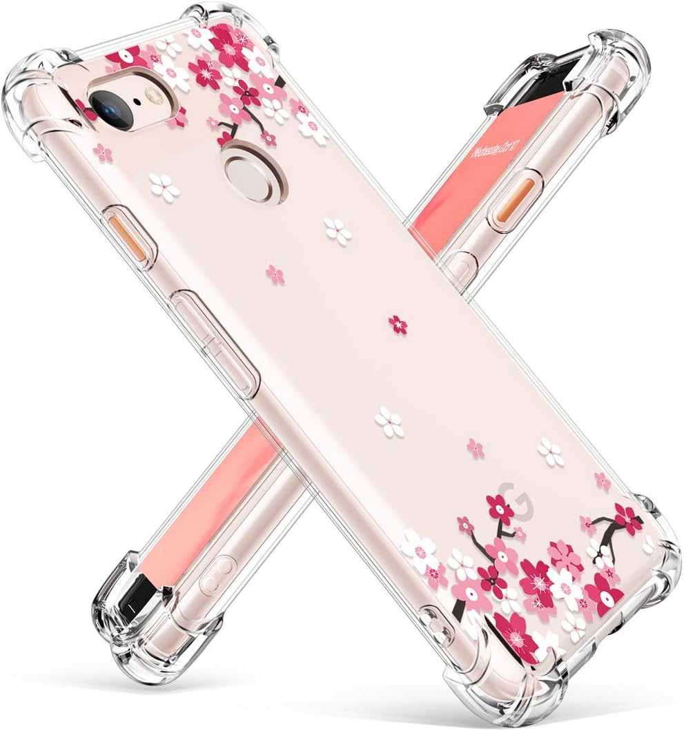 GVIEWIN Designed for Google Pixel 3 Case, Clear Flower Pattern Design Soft & Flexible TPU Slim Fit Shockproof Transparent Floral Cover, Cases for Pixel 3 2018 (Peach Blossom/Pink)