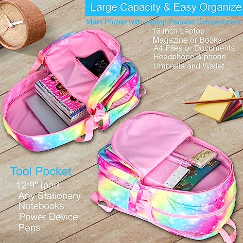 KLFVB Girls Backpack, 15.6 Inch Laptop Tie Dye College Bookbag, Anti Theft Water Resistant Cute Large Computer School Bag for Teens Women Students - Rainbow3