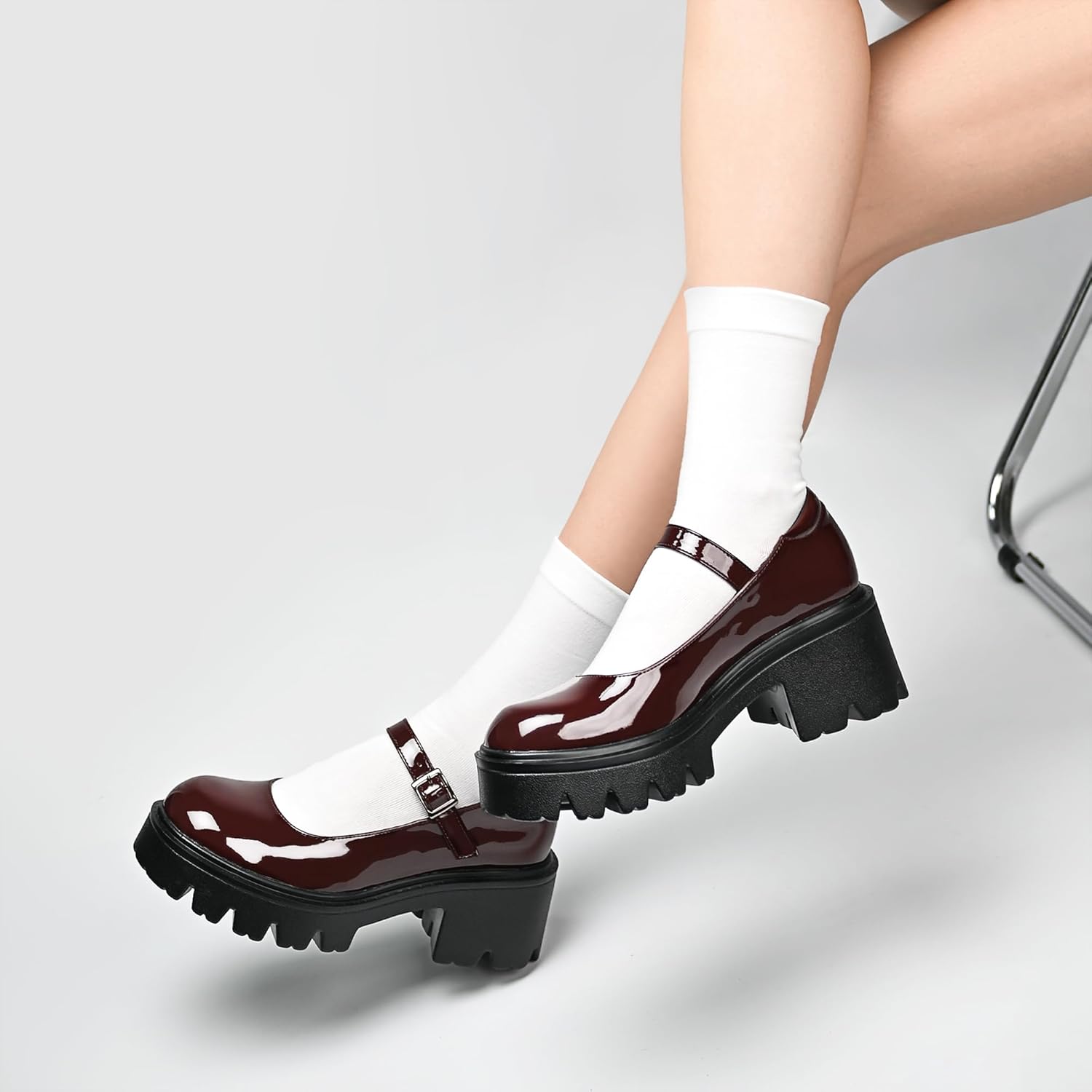 Women's Mary Jane Shoes - Platform Mary Janes for Women, Black Leather Round Toe Chunky Dress Shoes with Adjustable Ankle Strap - Image 2