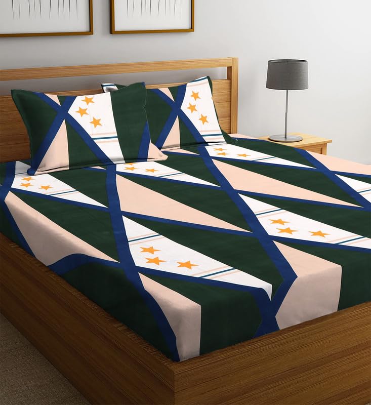 Image of la'amour Cotton Elastic Fitted Bedsheets with 2 King Size Pillow Covers Double Bed with All Around Elastic Supersoft Size - 72 King Sizex78+10 inches Color - Green White
