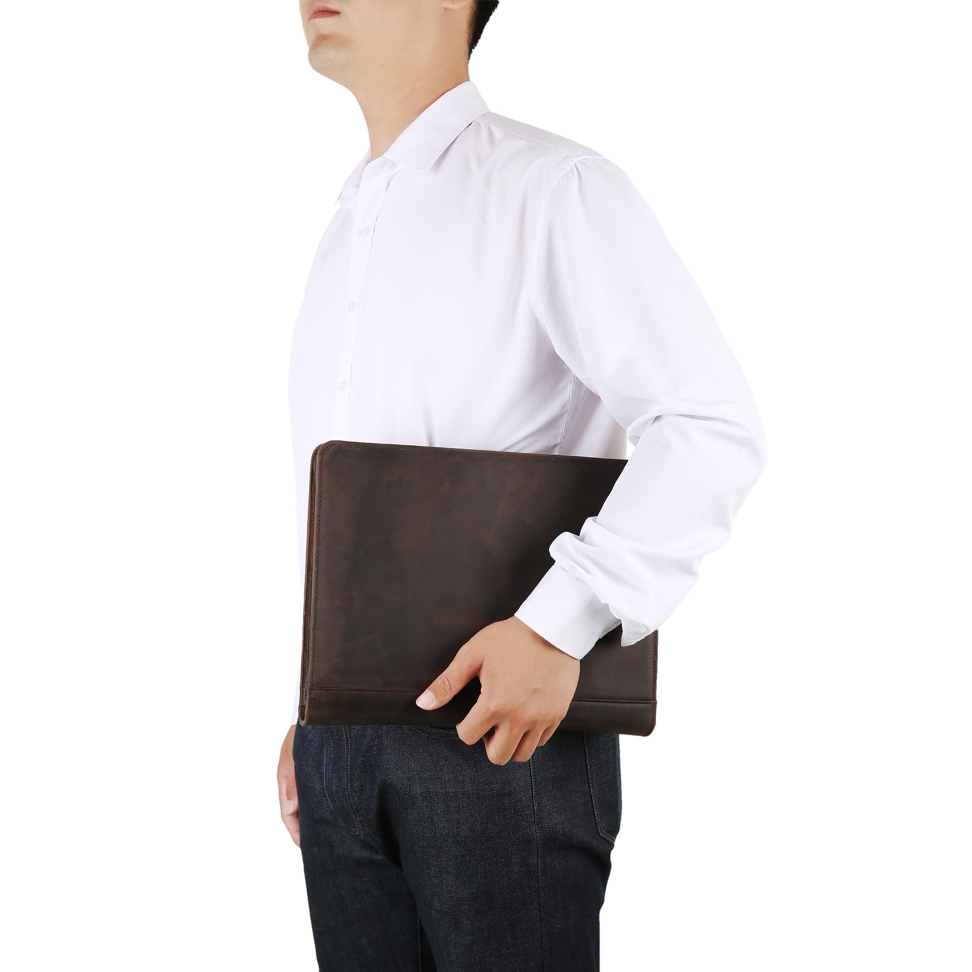Portadocumenti fatto a mano in vera pelle per iPad/documenti, business padfolio con porta blocco note in pelle A4, cartella compatta in pelle per conferenze per uomini e donne, cachi scuro