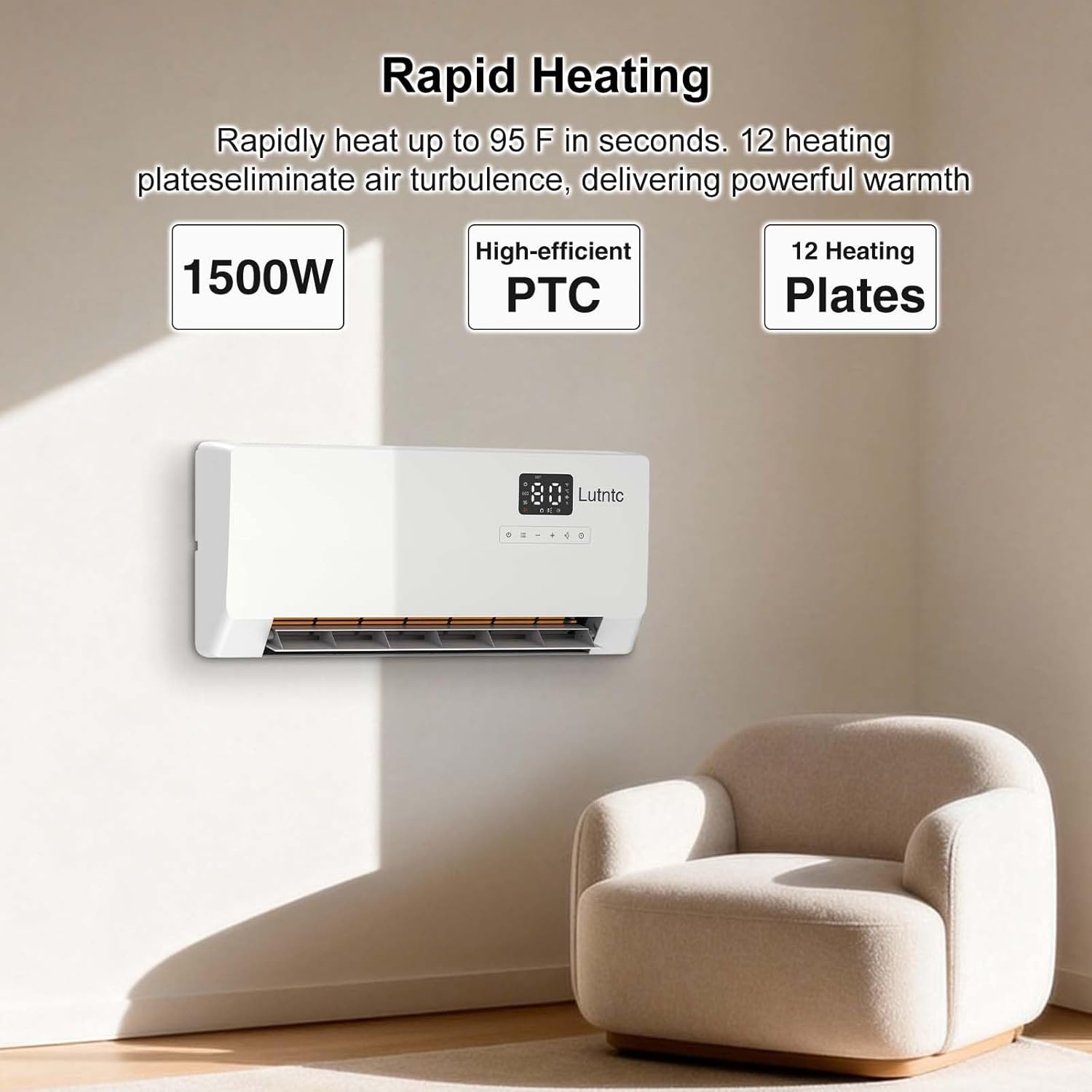 Electric Wall Mounted Heater with Remote Control, 24H Timer, ECO Mode, Quick Heating Space Heater for Bedroom, Living Room