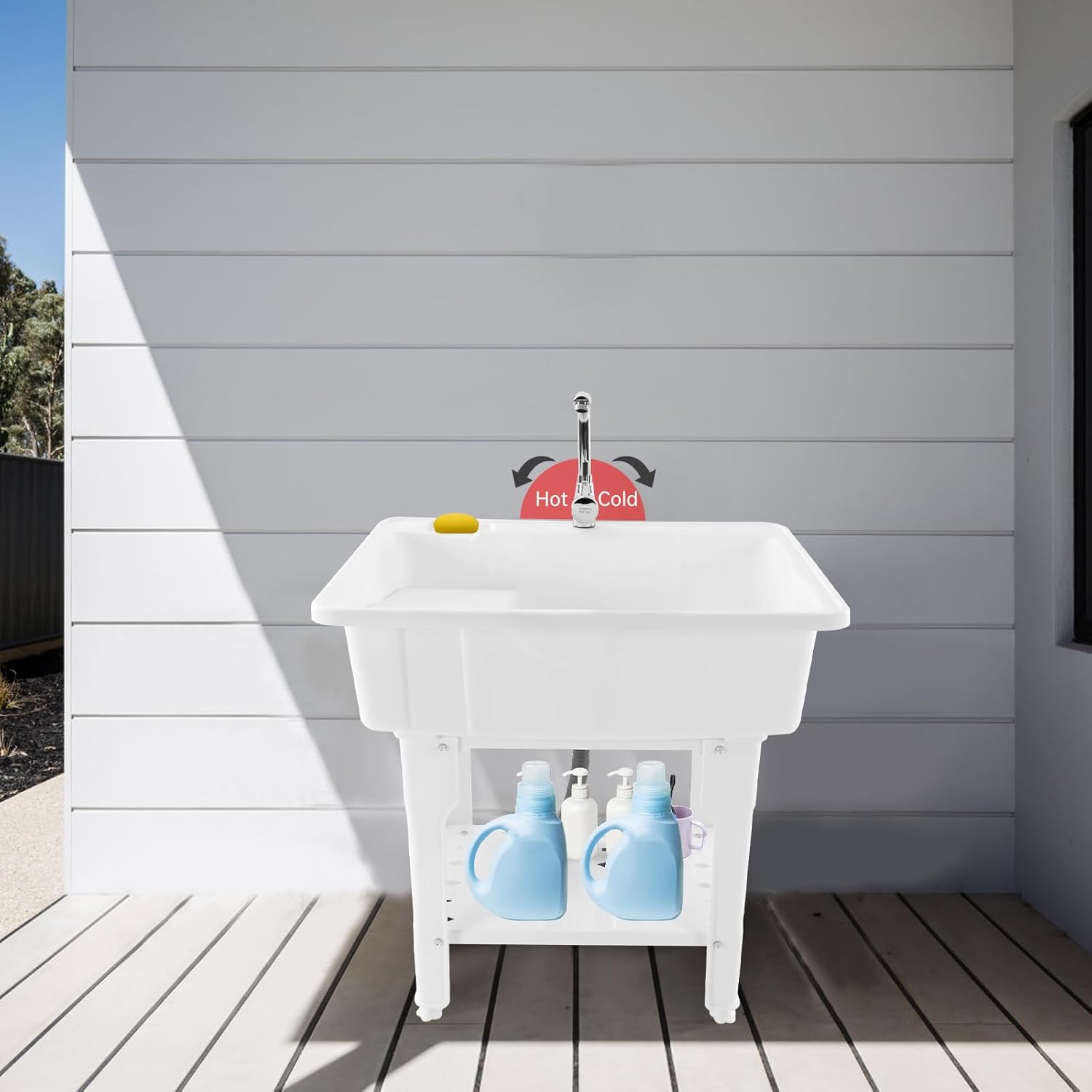 Freestanding Plastic Laundry Sink with Washboard, Indoor and Outdoor Basement Wash Tub, Freestanding Plastic Laundry Sink with Washboard for Laundry Room, Garage, Garden (White)