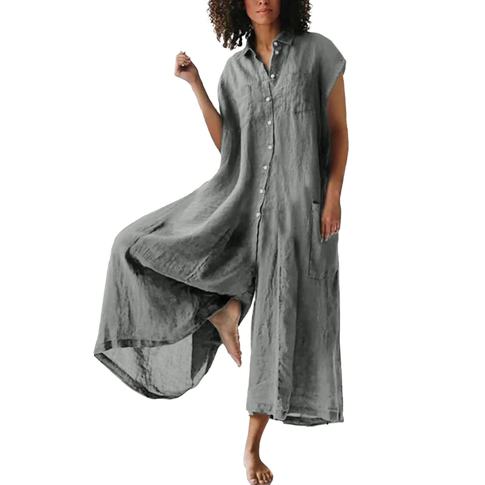 L9WEI Traje de pantalón para mujer, con solapa, mono de lino, elegante, monocolor, con botón, para verano, talla grande, holgado, pierna ancha, mameluco