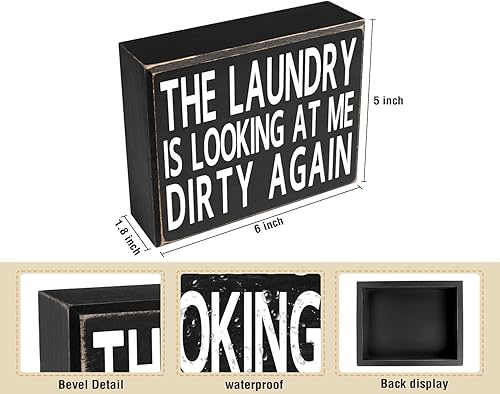 Miniatura 2 de Letrero de madera rústico con texto en inglés The Laundry Is Looking at Me Dirty Again, para decoración de baño y hogar, 5.5 x 6 x 1.77 pulgadas