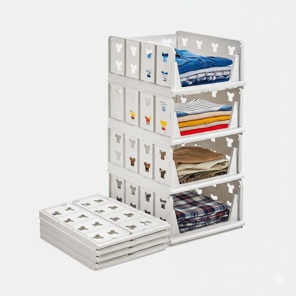 e4 Evekart Stackable Closet Organizer for Wardrobe, Foldable Plastic Storage Drawers for Clothes, Space Saving Cupboard Organiser Trays for Shirts & Jeans, Multi-Layer Storage Bins, White, Pack of 4
