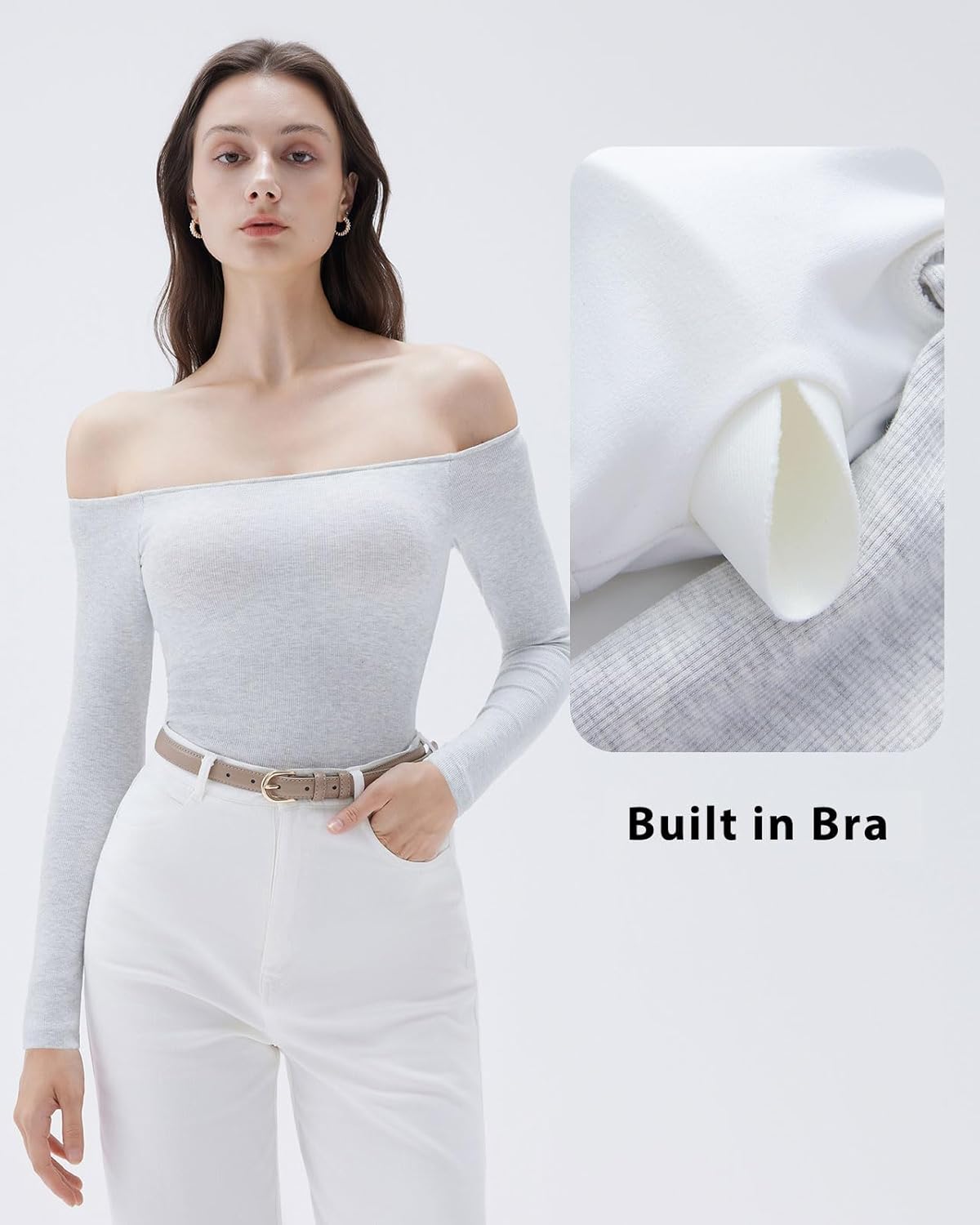 SUUKSESS Women Padded Off The Shoulder Tops Ribbed Long Sleeve Shirts Fall Basic - Image 3