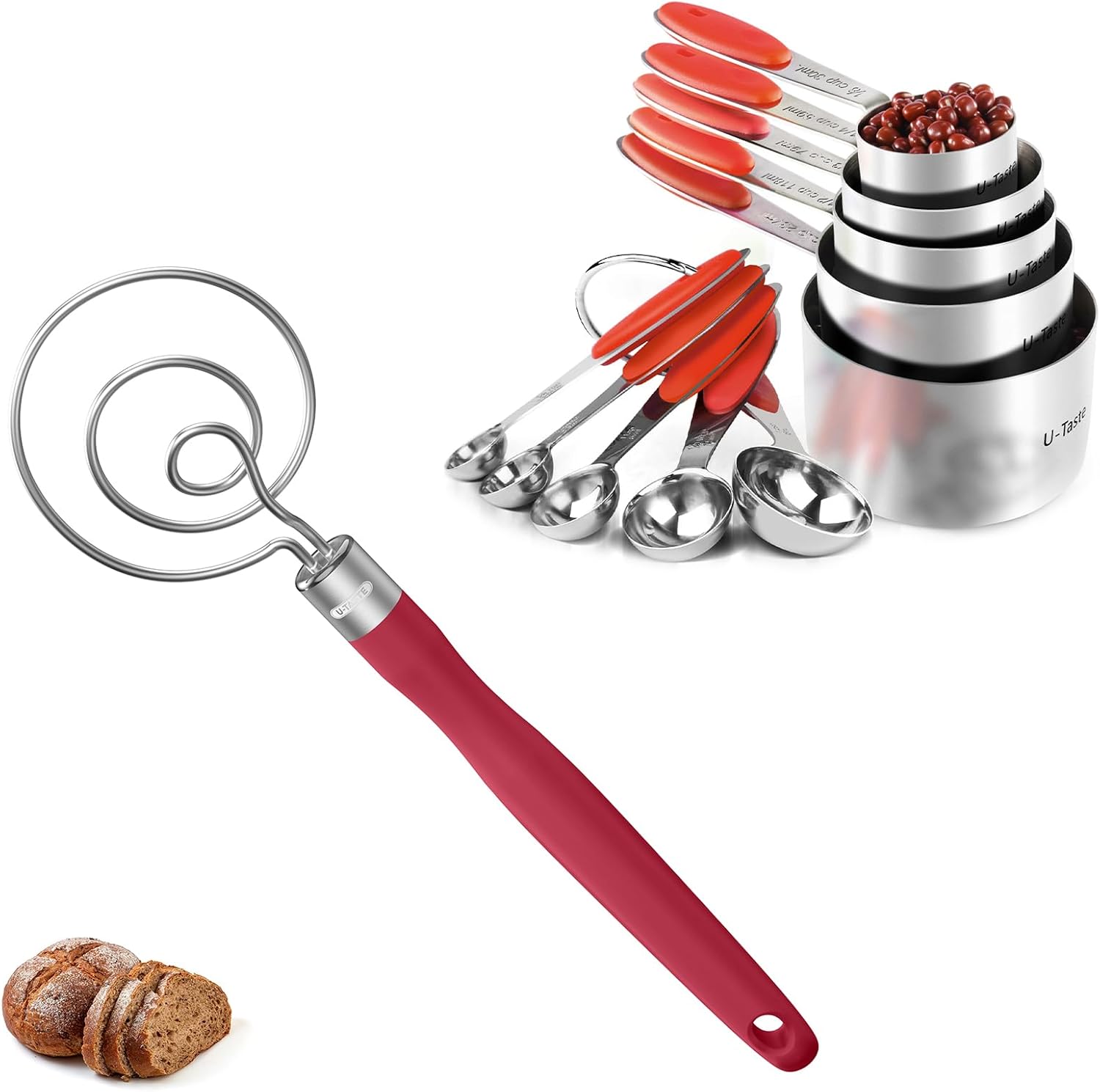 U-Taste 18/8 Stainless Steel Measuring Cups and Spoons Set of 10 and 12.6in Stainless Steel Danish Dough Whisk (Red)
