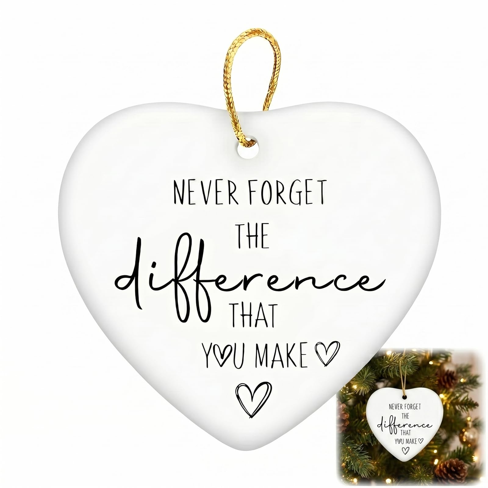 Heart Shaped Ceramic Hanging Ornament for Women, Appreciation Gift for Friend Teacher Colleague, Double-Sided Inspirational Keepsake with Printed Message and Gold Cord, Office Gift