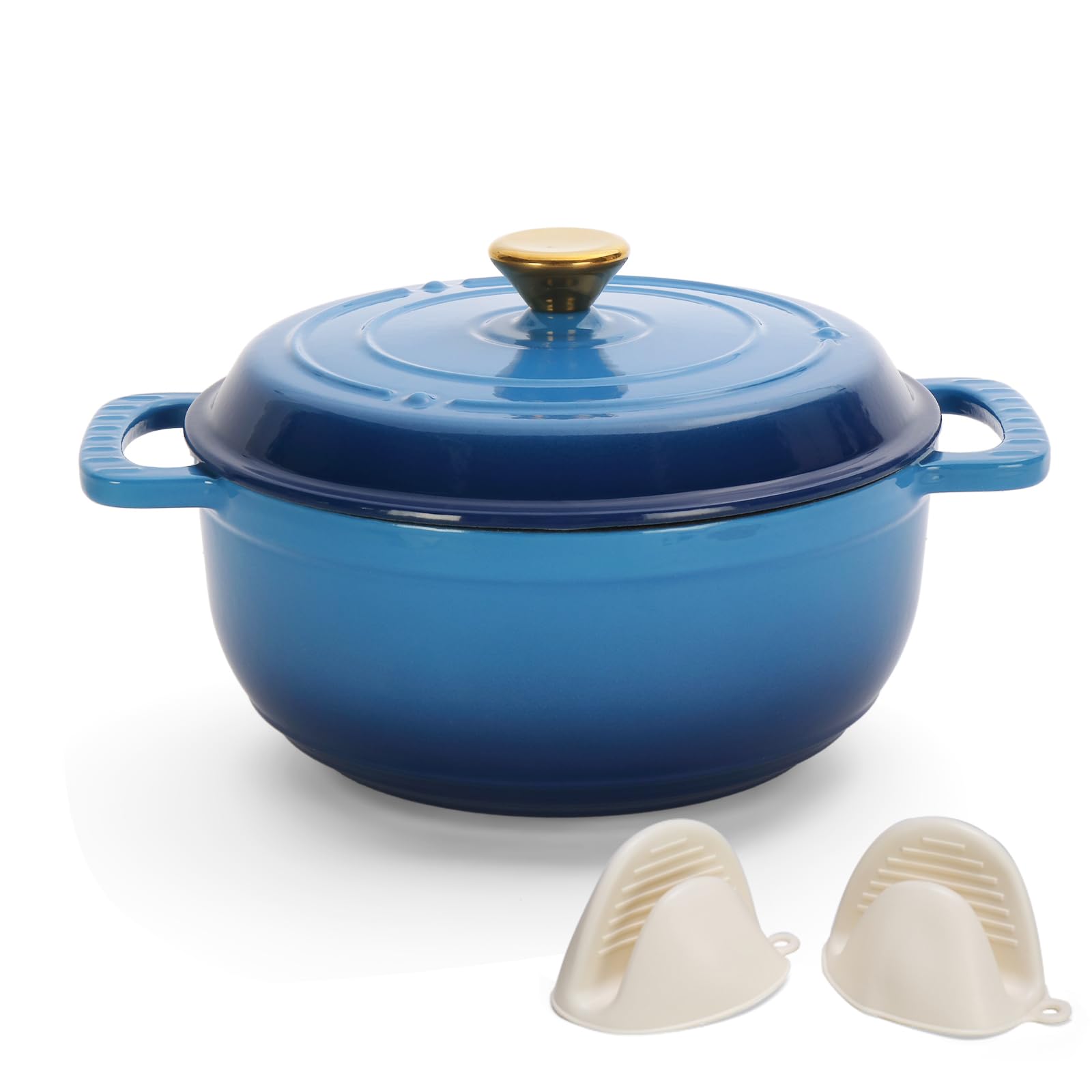 ROVSON Enamelled Cast Iron Dutch Oven, Casserole Dish with Lid and Silicone Gloves, Oven Safe Pot for Bread Baking, Braising and Stews (Cobalt Blue, 5QT)