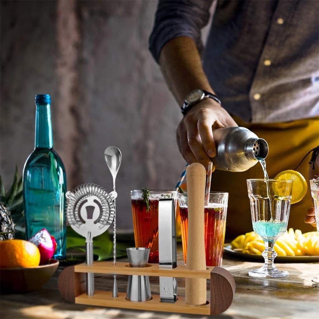 Ensemble Complet de Shaker à Cocktail en Acier Inoxydable de Couleur Contrastante avec Cadre en Bois Ovale, 11 pièces, Outils de Bar (D 750 ML)