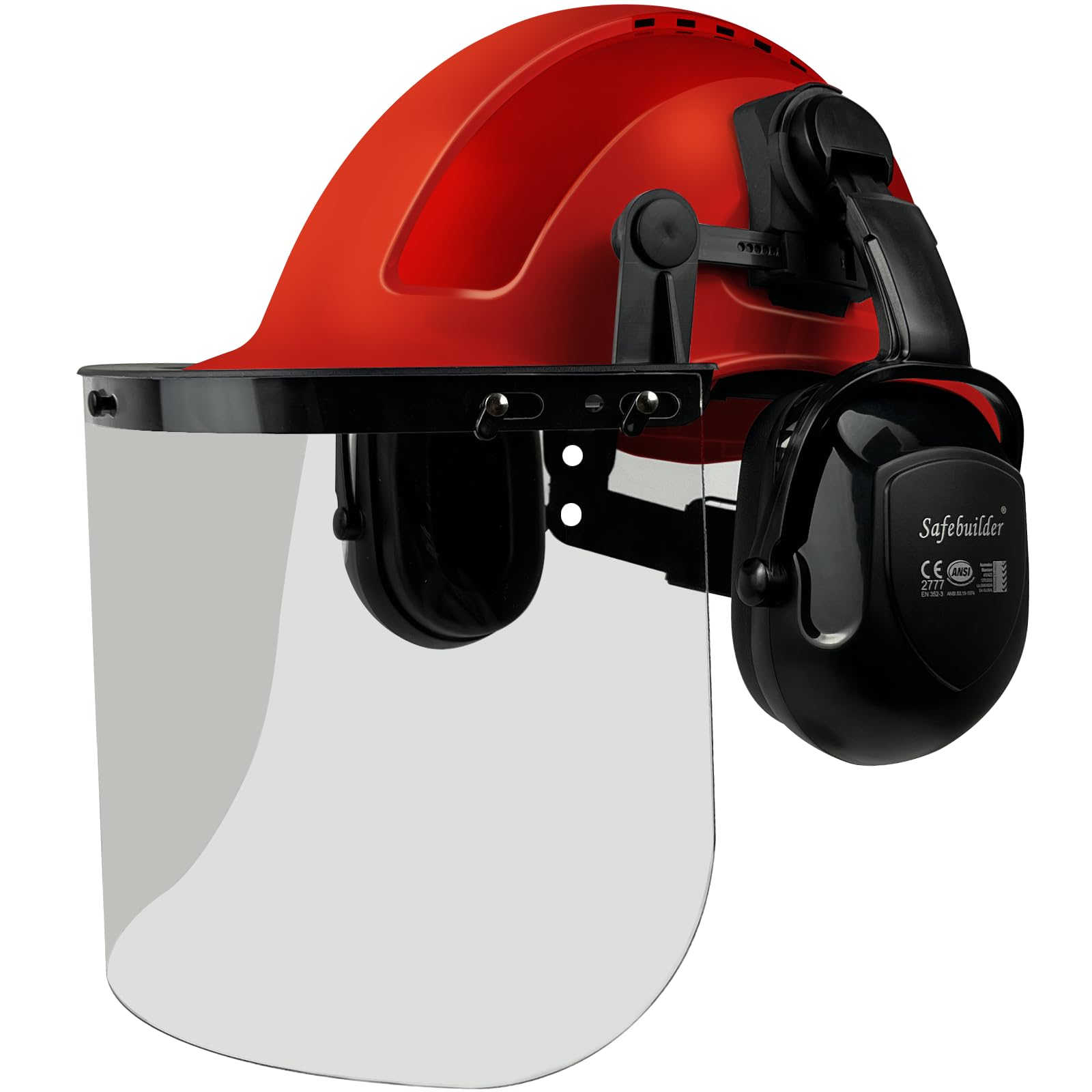 Photo 1 of **ONE EAR MUFF SIDE DAMAGED**SAFEBUILDER Q20 Forestry Safety Helmet 3 in 1 Chainsaw Arborist Helmet with Face Shield & Ear Muffs Hearing Protection Forestry Hard Hats ANSI Z89.1 OSHA (Red-B07E-Clear PC Shield)