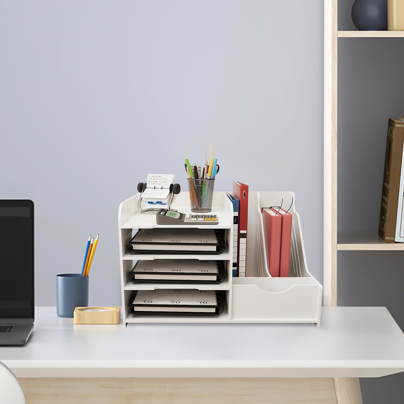 A4 Organisateur de Bureau Bois Plastique, Plateau de Papier Blanc, Banette de Rangement Bureau, Range Document Bureau pour Maison École, 40 x 31 x 25 cm - Blanc (1PC)