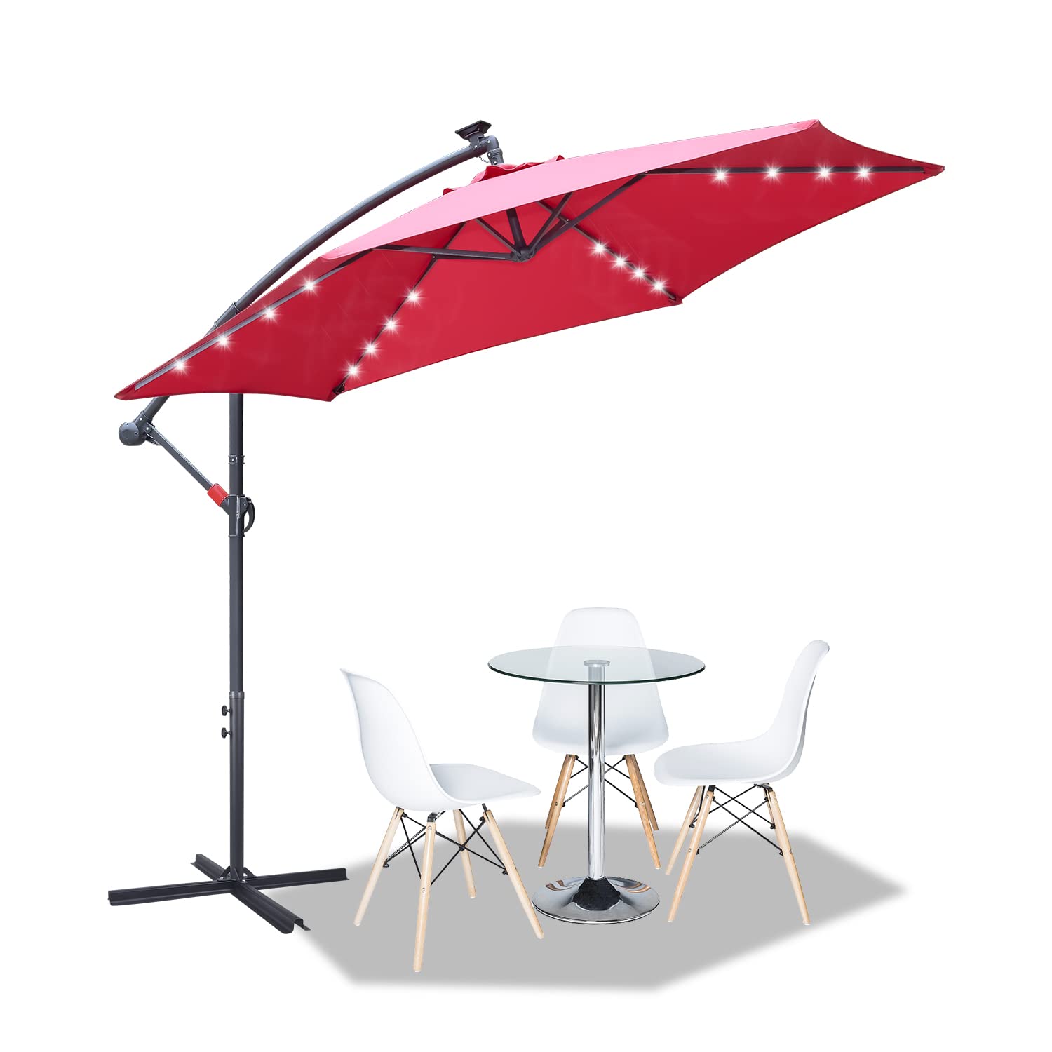 Sombrilla de 300 cm, grande, LED, solar, incluye manivela de aluminio con soporte, protección UV, impermeable, para balcón, jardín, terraza, color rojo, rojo, Ø300 cm mit LED…