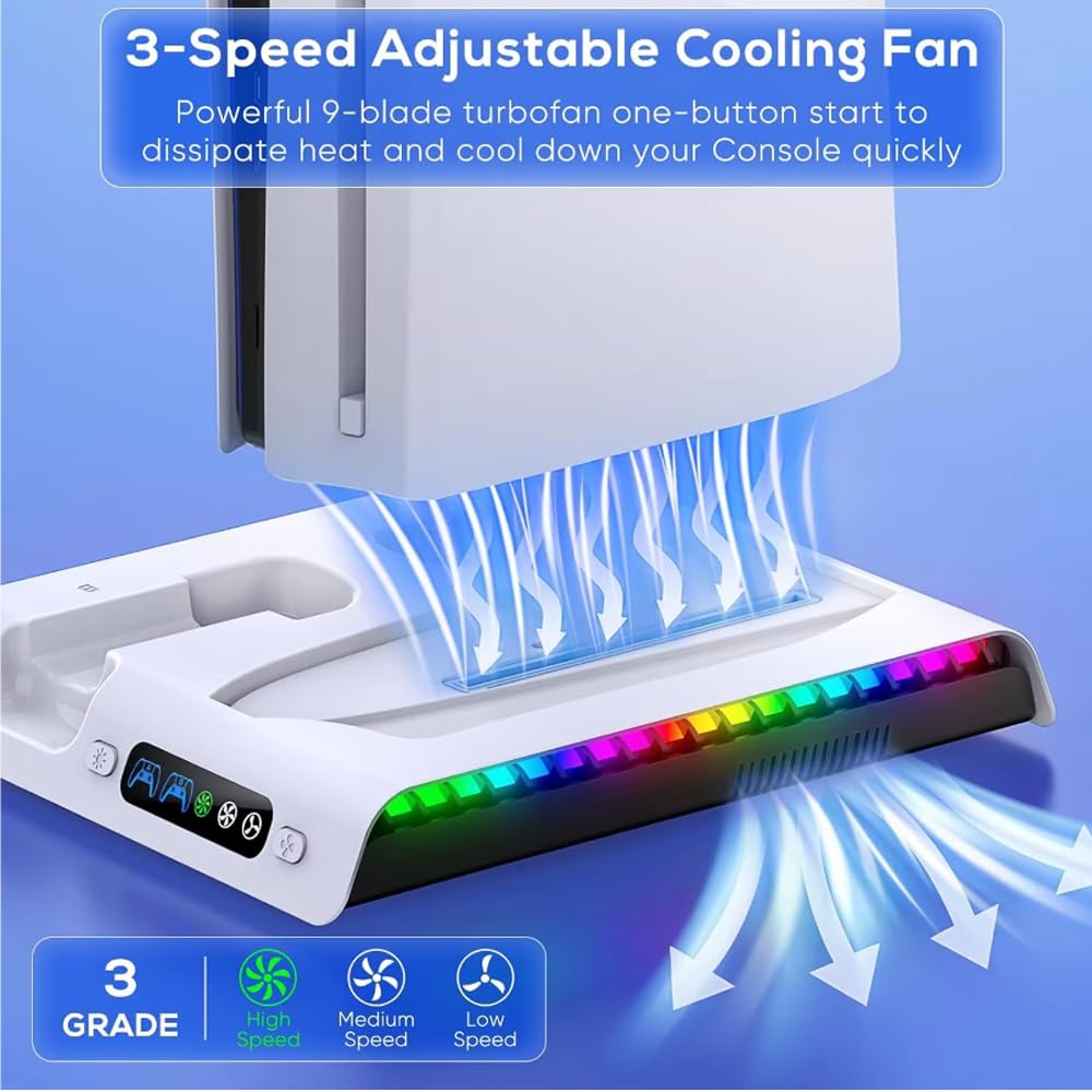 Estación de refrigeración la Consola para PS5 Pro /PS5 Slim Digital/Disc, estación de refrigeración y Carga con Ventilador de 3 Niveles Cargador de Mando con Soporte para Auriculares