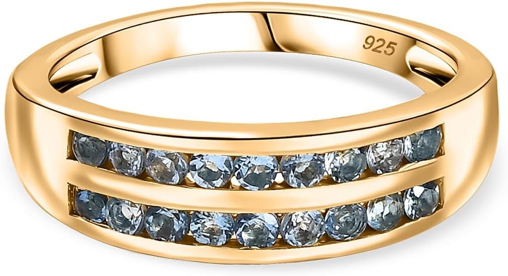 Aquamarine Channel Set Ring 18K Yellow Gold Vermeil Over Sterling Silver March Birthstone Band Elegant Stackable Ring 0.63 Ct