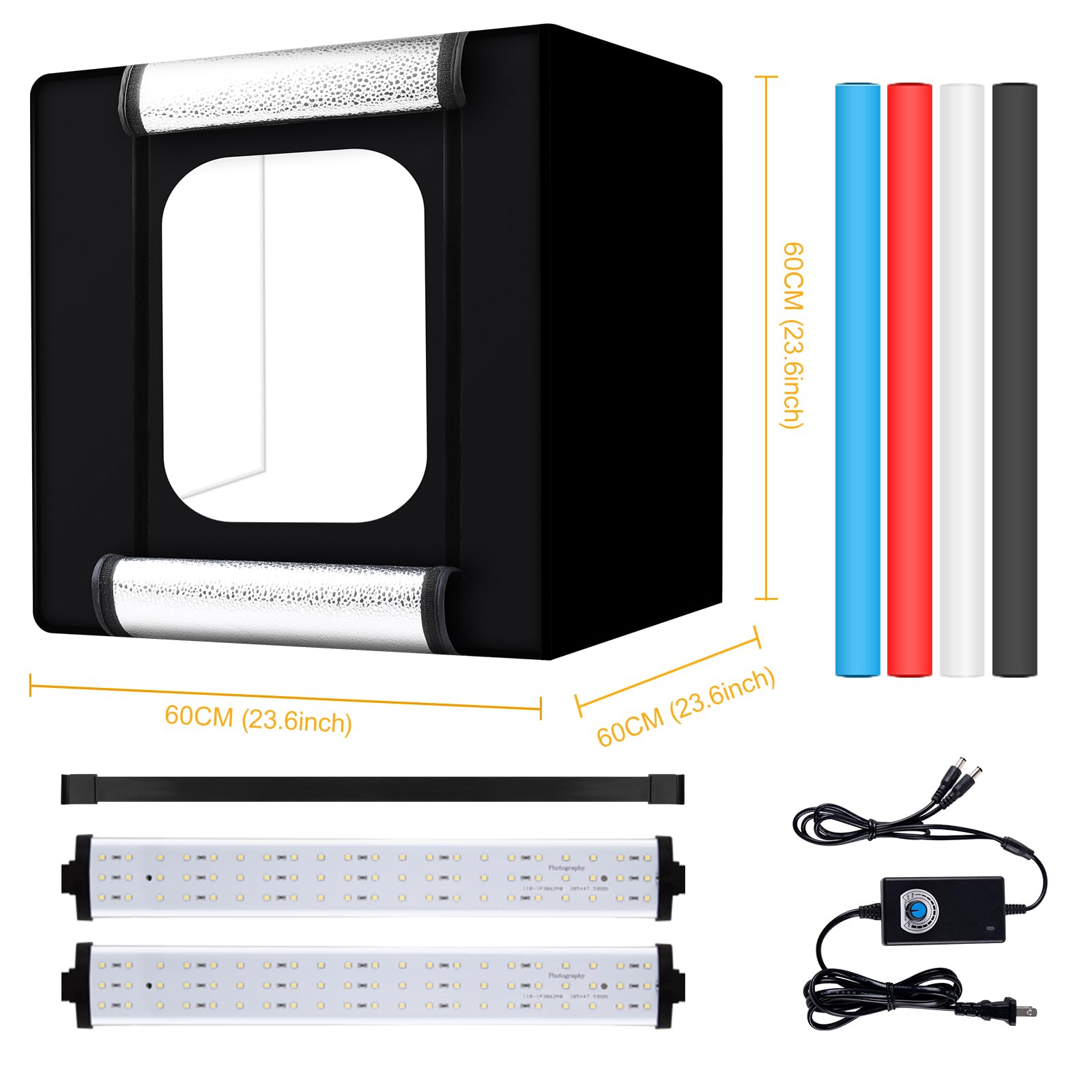 Fotostudiobox, 60 x 61 x 61 cm, draagbare opvouwbare foto-lichtbak schiettent met 198 helderheidsdimbare ledlampen en 4 achtergronden voor productfotografie Fotostudiobox, 60 x 61 x 61 cm, draagbare opvouwbare foto-lichtbak schiettent met 198 helderheidsdimbare ledlampen en 4 achtergronden voor productfotografie