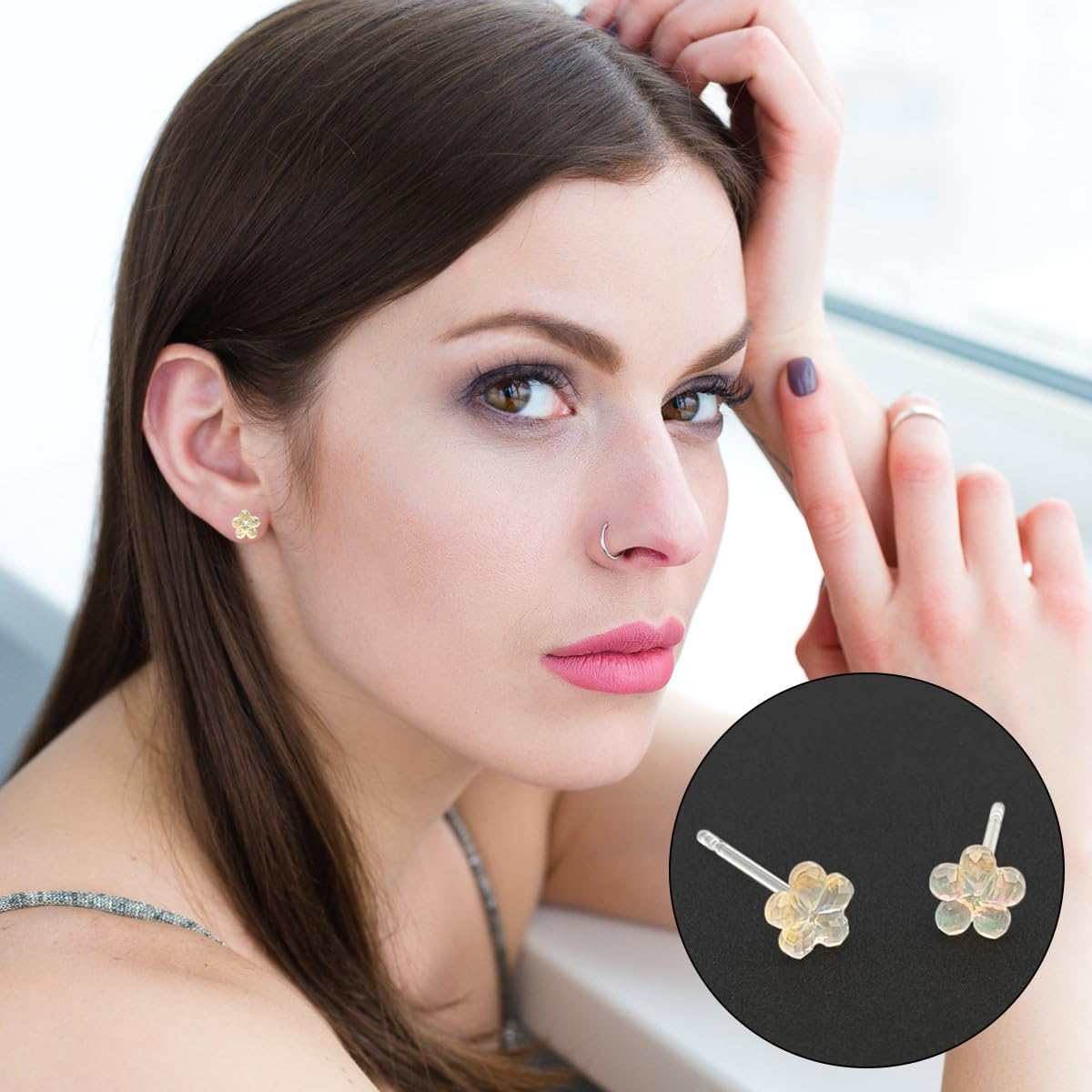 DaKuan 5 Pairs Coloured Earrings, 5 Colours Plastic, Sensitive Ears, Clear, Soft Rubber Back - Image 6