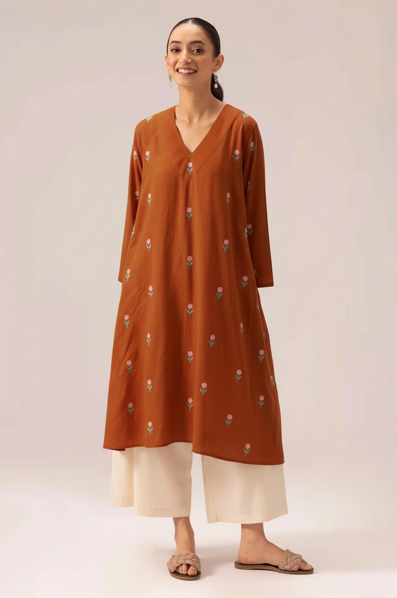 ANNI Designer Women's Rayon Viscose A-Line Printed Kurta with Palazzo (QUSHI Rust_M_Rust_Medium) 3