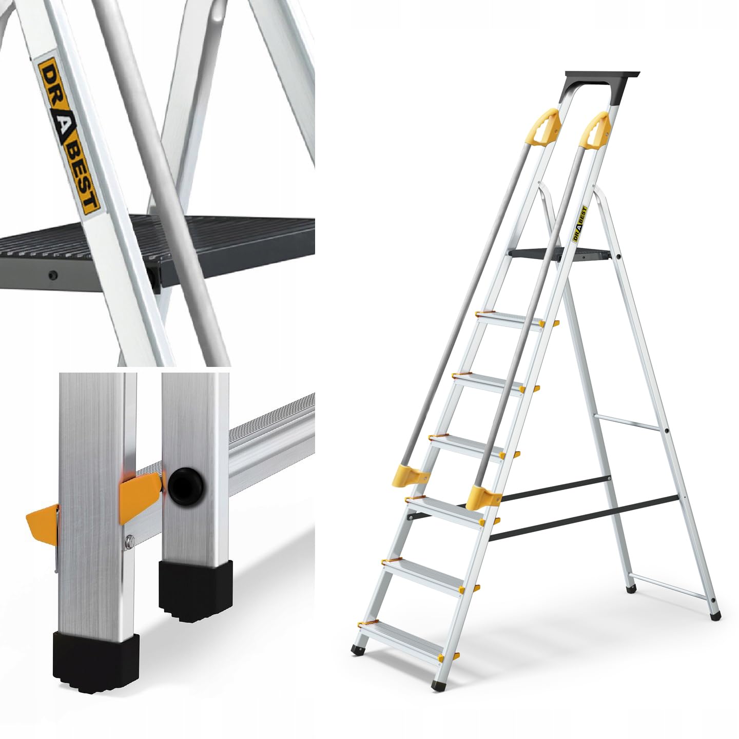 DRABEST Escalera serie PRO escalera de aluminio 7 peldaños peldaño plegable con pasamanos de seguridad Escalera de tijera cargable hasta 150 kg