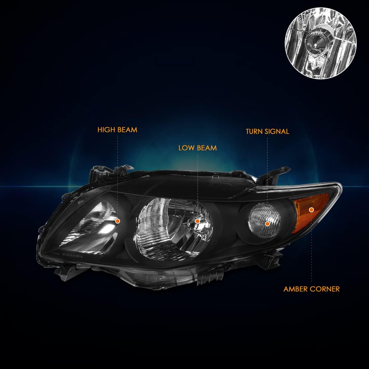 PM PERFORMOTOR Black Housing Amber Corner Headlights Replacement Compatible with 09-10 Corolla, PMHL-TCOR-0910-OH-BA
