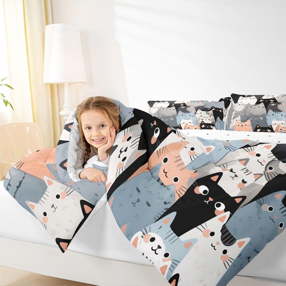 jejeloiu Cute Cat Print Comforter Set Twin Size Cartoon Cats Bedding Set for Kids Boys Girls Kawai Animals Duvet Quilt Bedroom Decor Microfiber 2 Pcs with 1 Pillow Cases