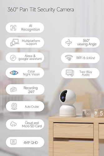 Miniatura 2 de Cámara de seguridad 2K para monitor de bebé Wifi 6, cámaras interiores panorámicasinclinables para seguridad del hogar, cámara interior con