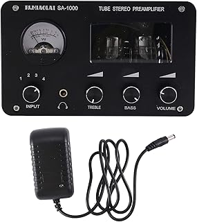 LAMELLIS Audiophile Tube Preamp 4-Input 2-Output HiFi Preamp High-Bass Adjustment Amplifier with Built-in VU Level Meter US Plug