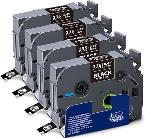 Absonic Tz-335 Cinta de etiquetas blanca sobre negra compatible con Brother Tze-335 P Touch Label Tape Tze Tz 0.472 in 0.47 Laminado Negro para