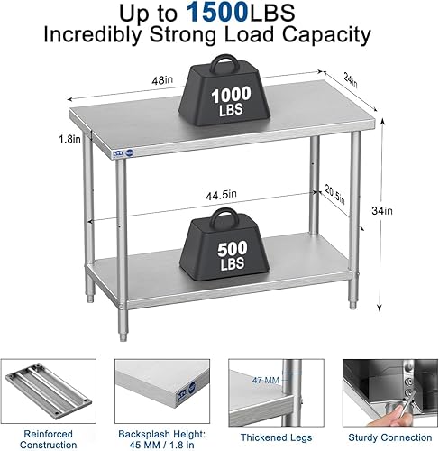 Miniatura 2 de Leteuke Mesa de preparación de acero inoxidable NSF, mesa de trabajo de acero inoxidable SUS 201, mesa de trabajo resistente de 1500 libras, 48 x 24
