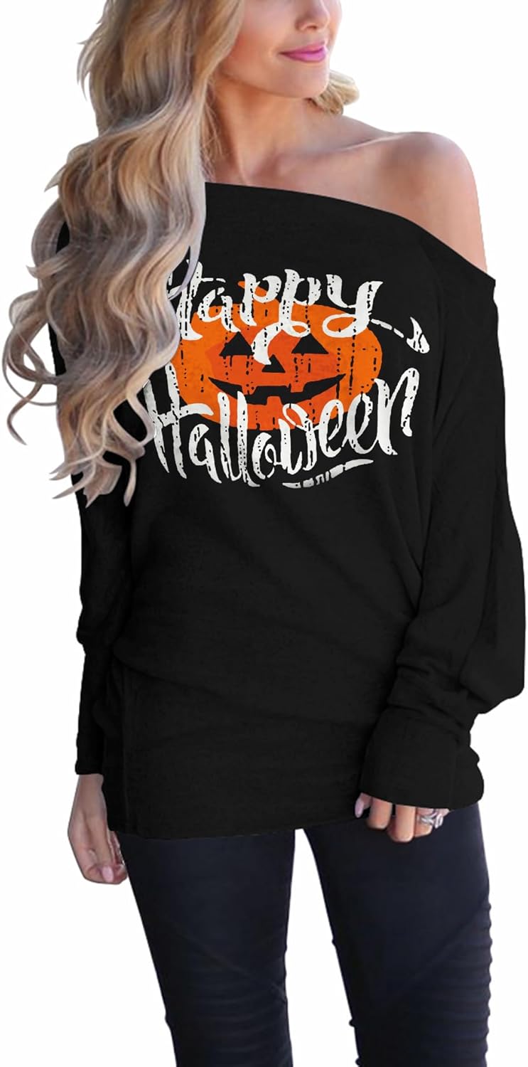 INFITTY Women's Christmas Shirts Off The Shoulder Tops Long Sleeve Graphic Pullover Swertshits Tunic