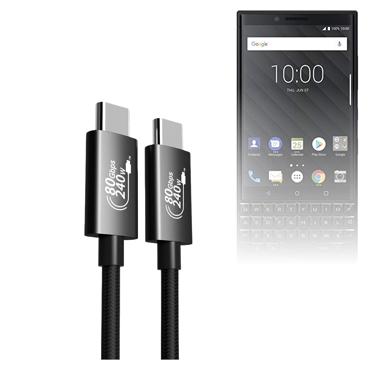 BoxWave Cables & Adapters Compatible with BlackBerry Key2 - DirectSync PD Thunderbolt 5.0 Cable (10 ft 240W), Long Nylon Braided Connector Fast Charge - Jet Black